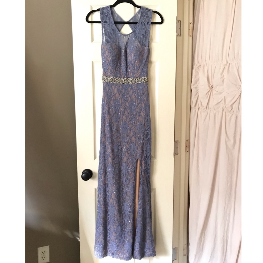 Lace Formal Dress with Rhinestone Belt